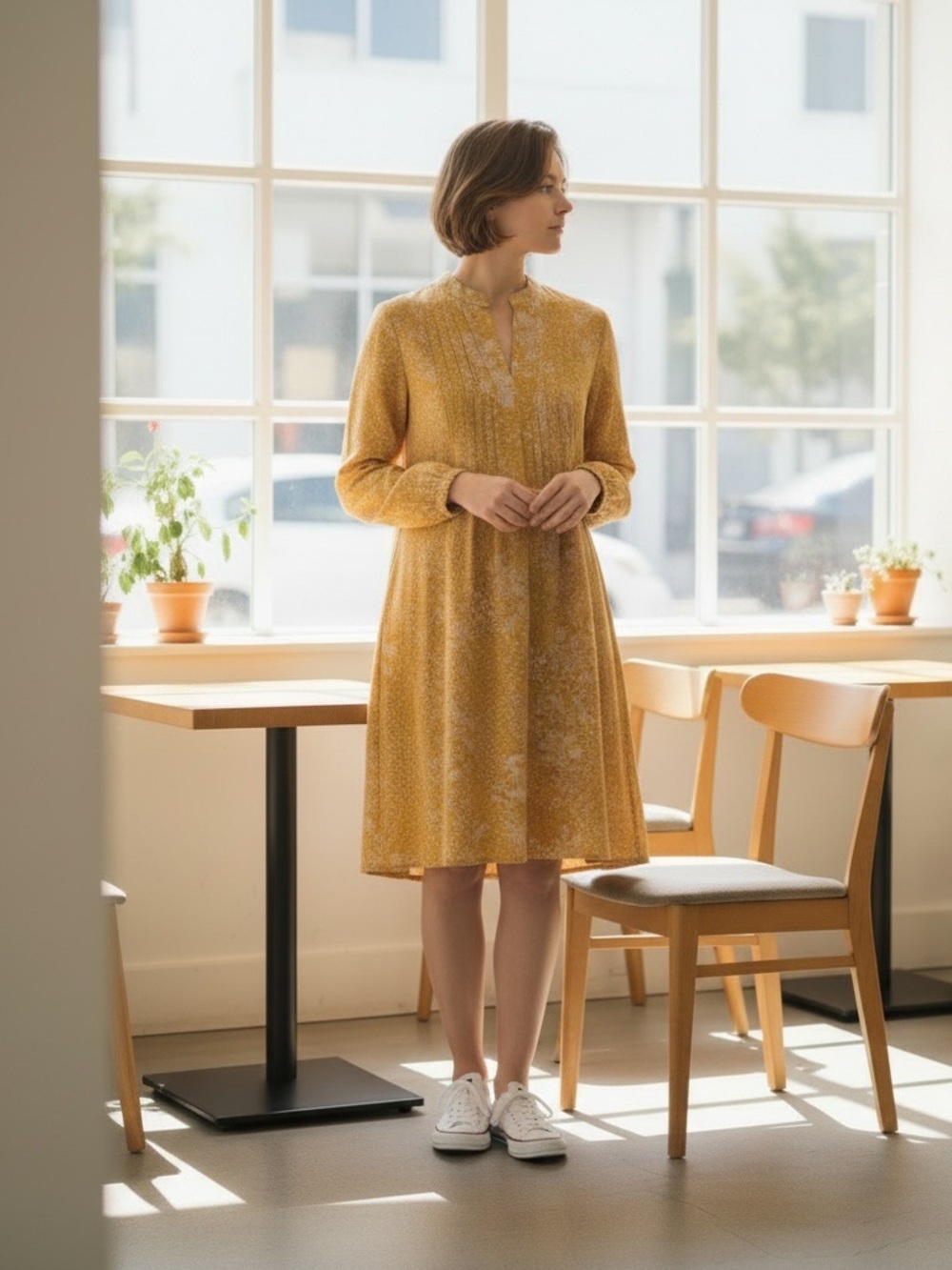 OLD NAVY sz X Small A Line Dress Long Sleeve Pin Tuck Mustard Yellow Floral NWT